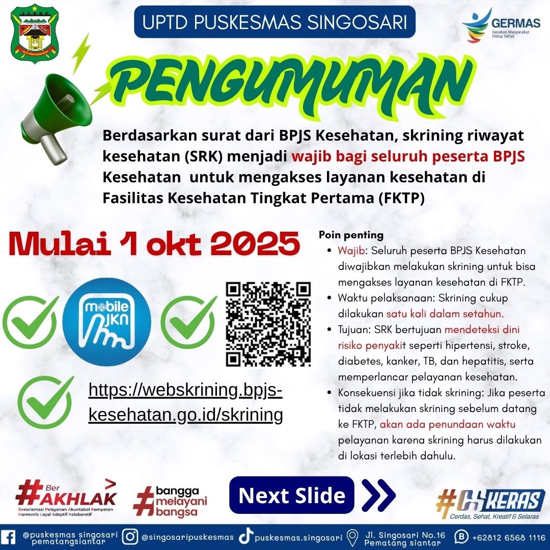 Mulai 1 Oktober 2025, Peserta BPJS Kesehatan Puskesmas Singosari Wajib Skrining Riwayat Kesehatan